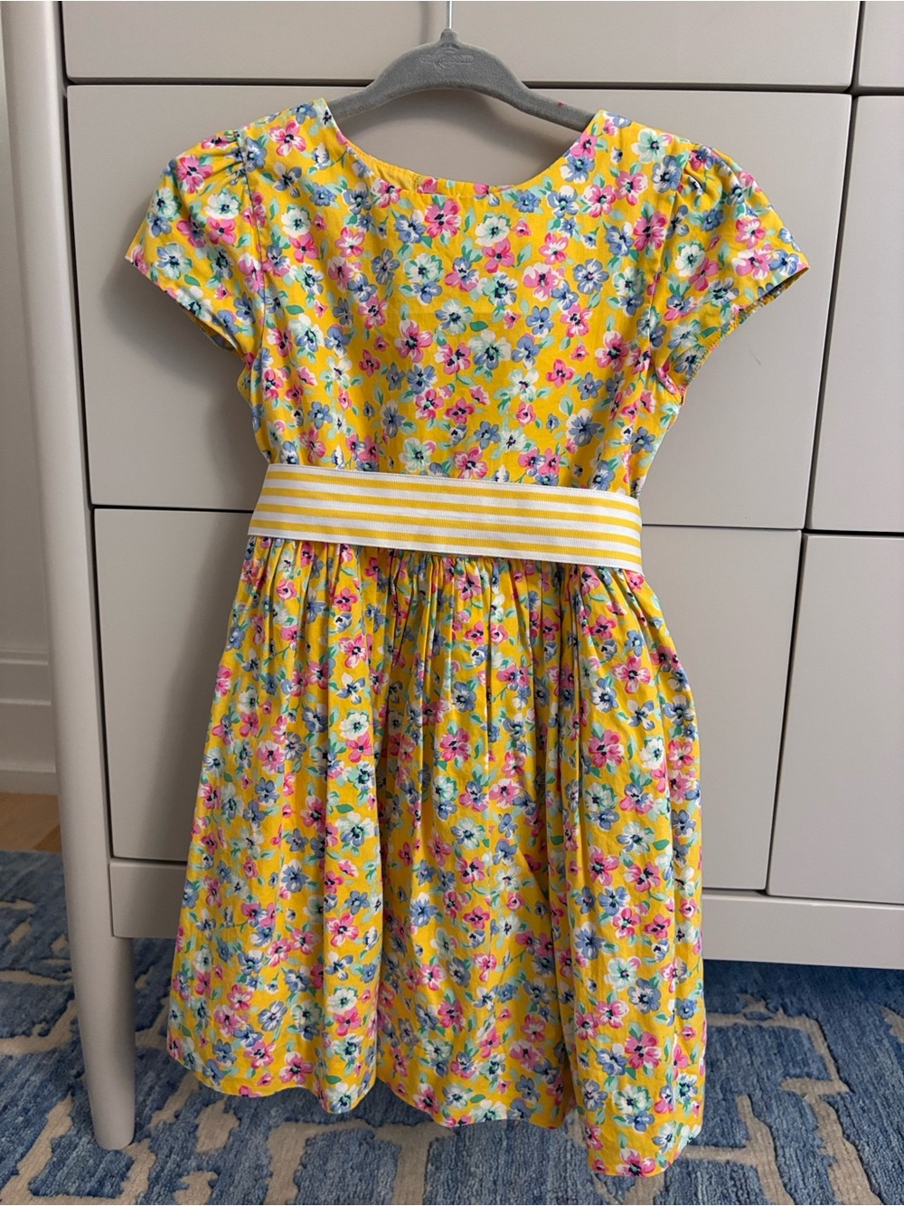 Ralph Lauren Yellow Floral Cotton Dress with Striped Waistband